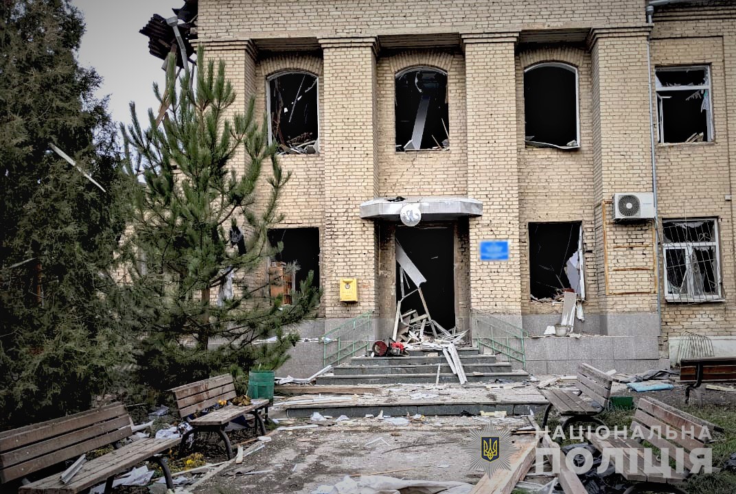 Vilniansk maternity hospital after Russian missile strike, destroyed building with shattered windows