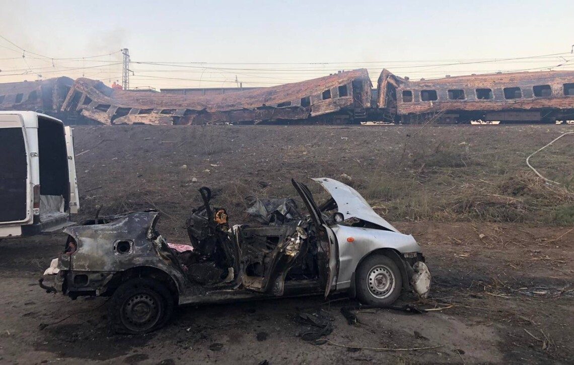 Destroyed railway cars and burned vehicles at Chaplyne station after Russian missile strike
