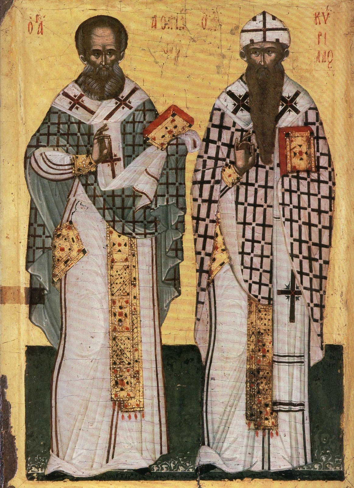 Cretan icon of Saints Athanasius and Cyril of Alexandria in episcopal vestments holding the Gospels