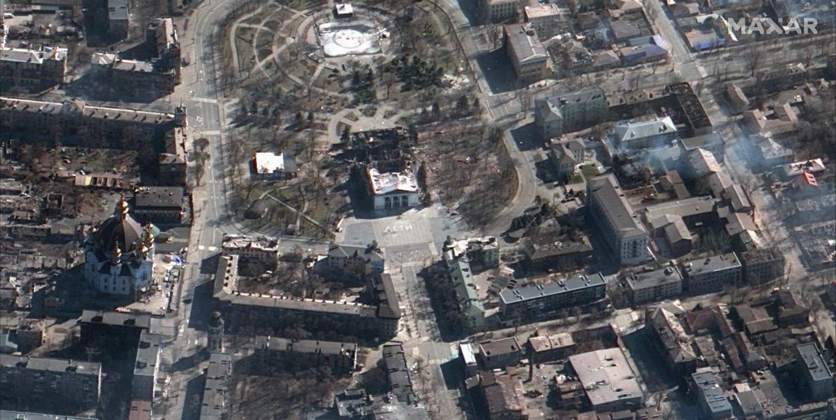 Satellite image of Mariupol Drama Theater after the Russian airstrike, the building destroyed