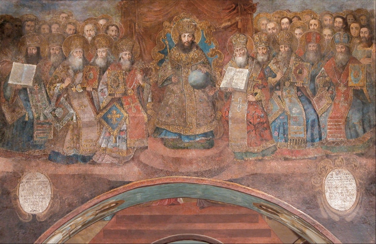 Fresco depicting the First Ecumenical Council at Nicaea (325 AD), with Emperor Constantine and the assembled bishops
