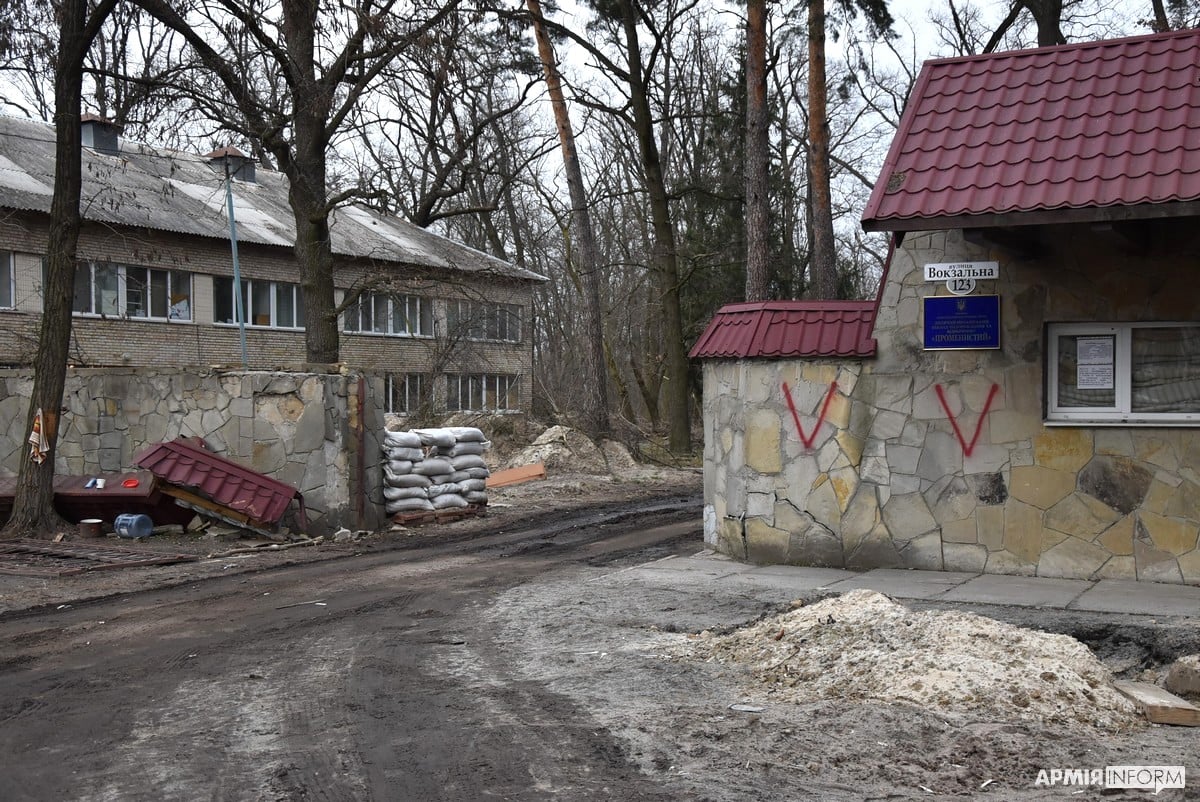 Wide view of a Bucha street after Russian withdrawal, April 2022