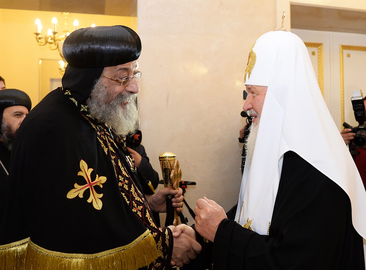 Patriarch Kirill greeting Coptic Patriarch Tawadros II at the Patriarchal residence in the Danilov Monastery, Moscow, October 29, 2014