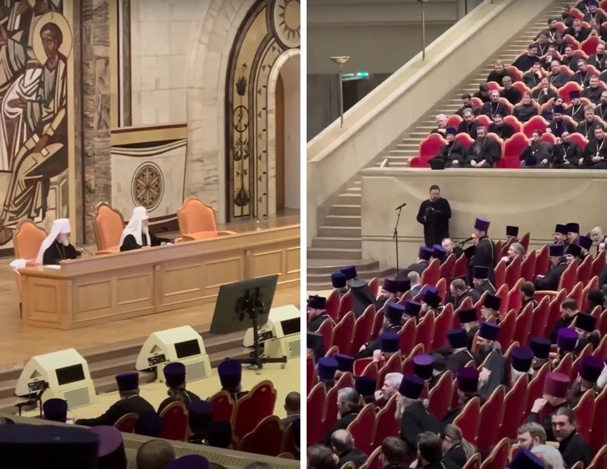 Split-screen from the Moscow Metropolis clergy assembly, February 11, 2025. Left: Patriarch Kirill presides at the podium beneath an icon of an apostle. Right: Fr. Alexei Shlyapin stands at the microphone before hundreds of assembled clergy in red-upholstered seats.