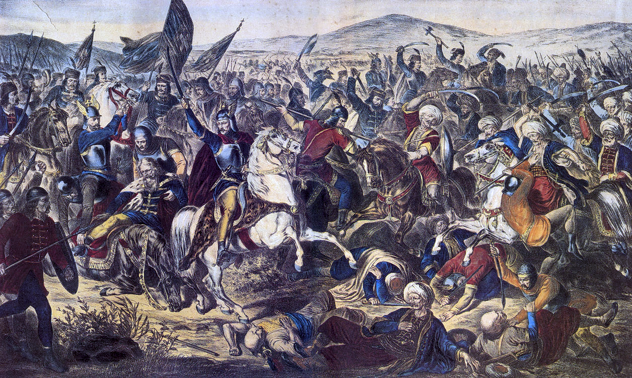The Battle of Kosovo, 1389, by Adam Stefanović (1870). Prince Lazar falls in battle against the Ottoman forces of Sultan Murad I.