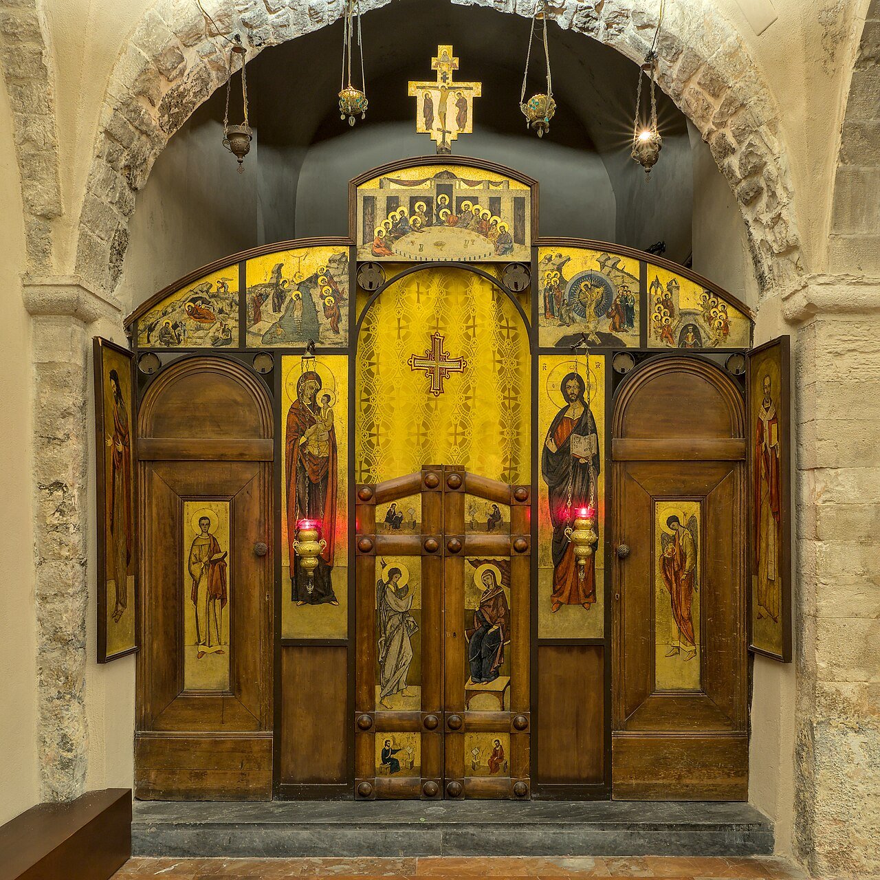 The iconostasis of the Orthodox chapel in the crypt of the Basilica of San Nicola, Bari, where Orthodox pilgrims venerate the relics of St. Nicholas within a Roman Catholic basilica
