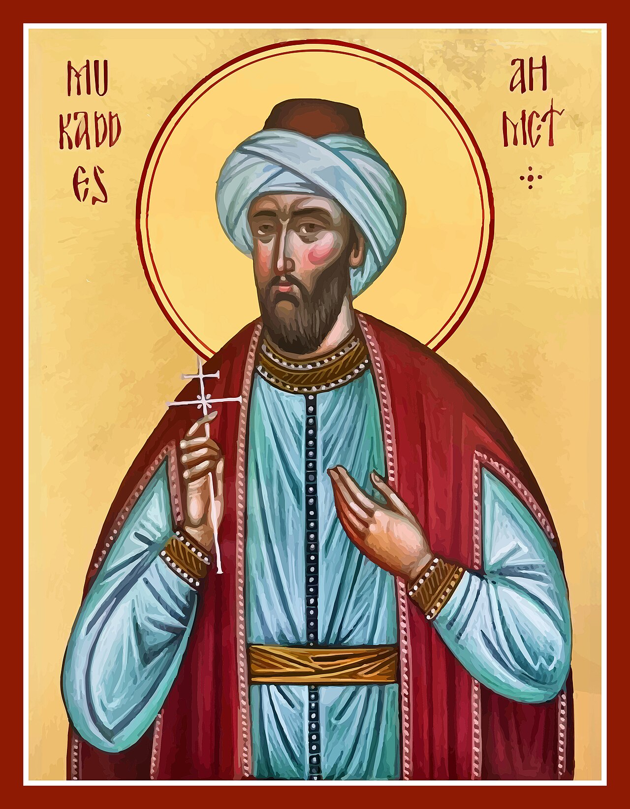 Icon of St. Ahmed the Calligrapher, an Ottoman-era Neomartyr who converted from Islam to Christianity and was beheaded in Constantinople in 1682. He is depicted in Ottoman dress holding the cross for which he died.