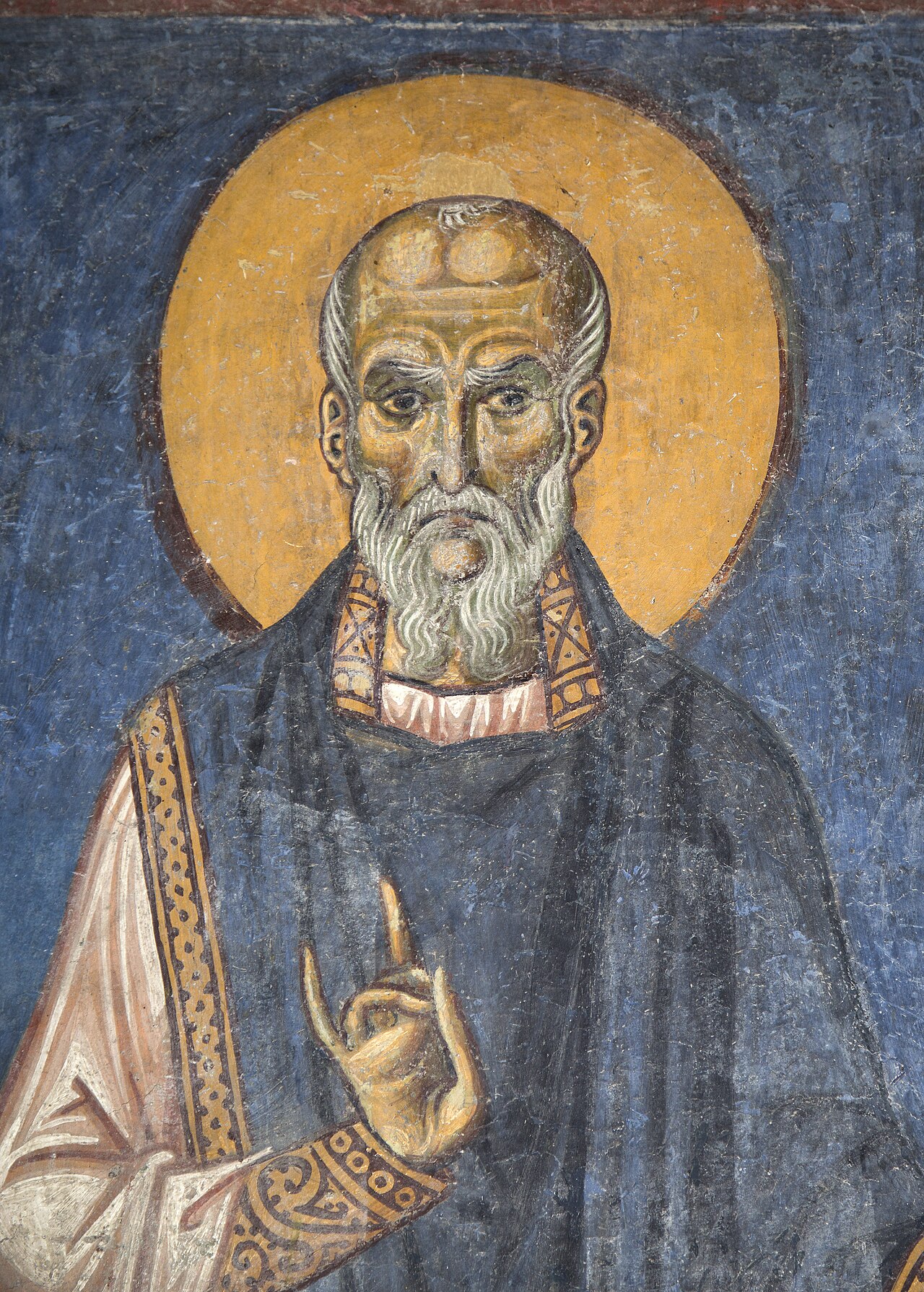 12th-century Byzantine fresco of St. Theodore the Studite from the Church of St. Panteleimon at Gorno Nerezi, North Macedonia, depicting the saint in black monastic vestments with a golden halo