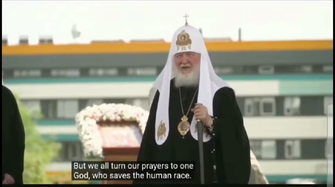 Patriarch Kirill speaking at the foundation stone blessing ceremony for Resurrection Cathedral in Naberezhnye Chelny, Tatarstan, July 22, 2025, with English subtitles showing his words "who saves the human race"