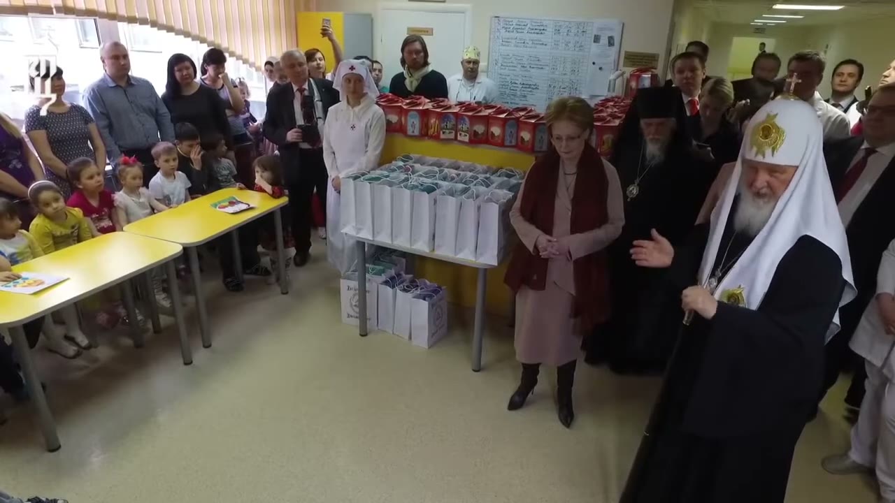 Patriarch Kirill visiting the Russian Children's Clinical Hospital in Moscow on Easter, April 16, 2017, where he told patients that Christians and Muslims "each appeal to the same God the Creator"