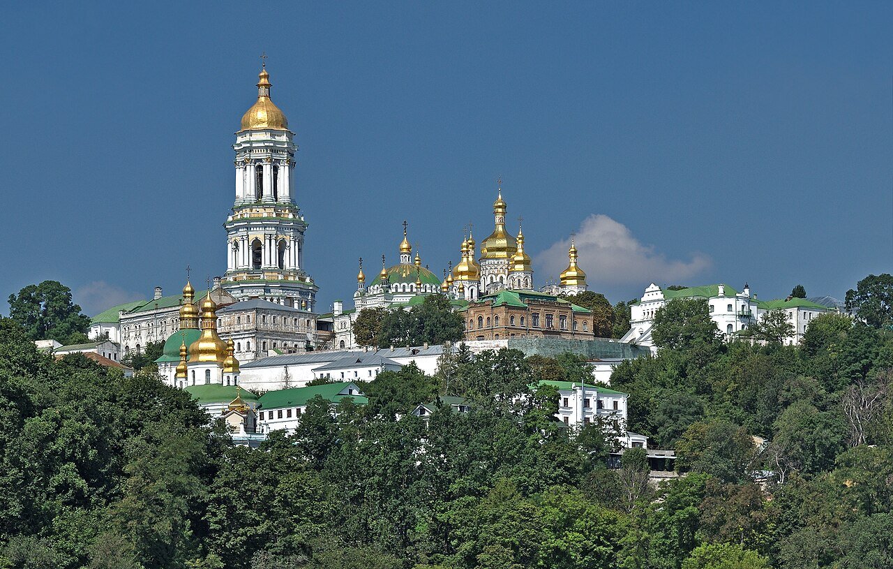 The Kyiv Pechersk Lavra monastery complex rising above the Dnieper River, the historic seat of the Ukrainian Orthodox Church