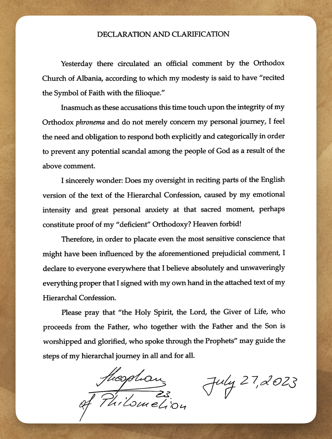 Bishop Theophan declaration responding to the Filioque accusation