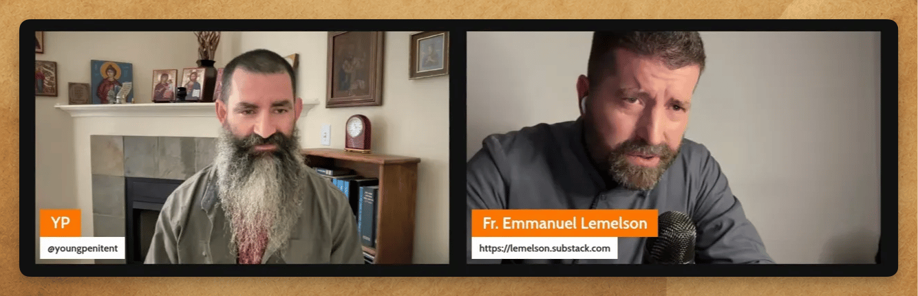 Fr. Emmanuel Lemelson speaking with Young Penitent in a split-screen interview