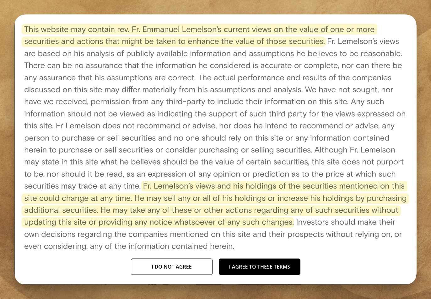Highlighted Lemelson Capital Management disclaimer about securities views and holdings