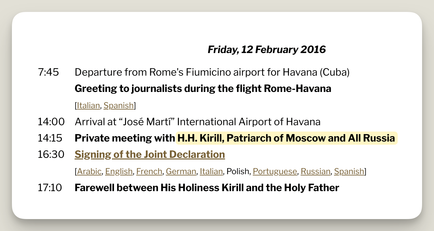 Vatican schedule showing meeting with Patriarch Kirill, 2016-02-12