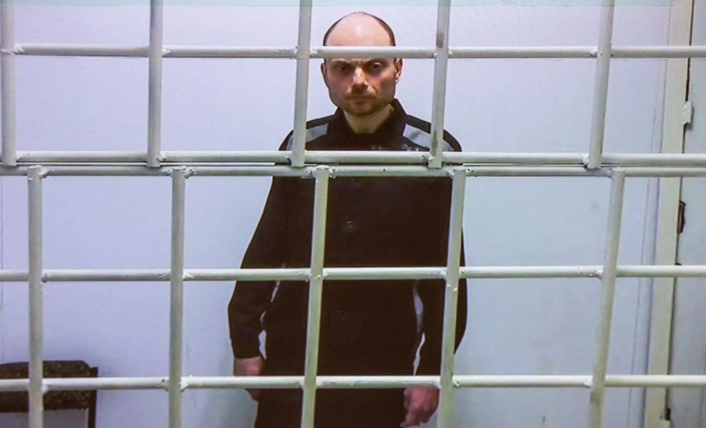 Vladimir Kara-Murza appearing via video link from prison during his court hearing, October 9, 2023