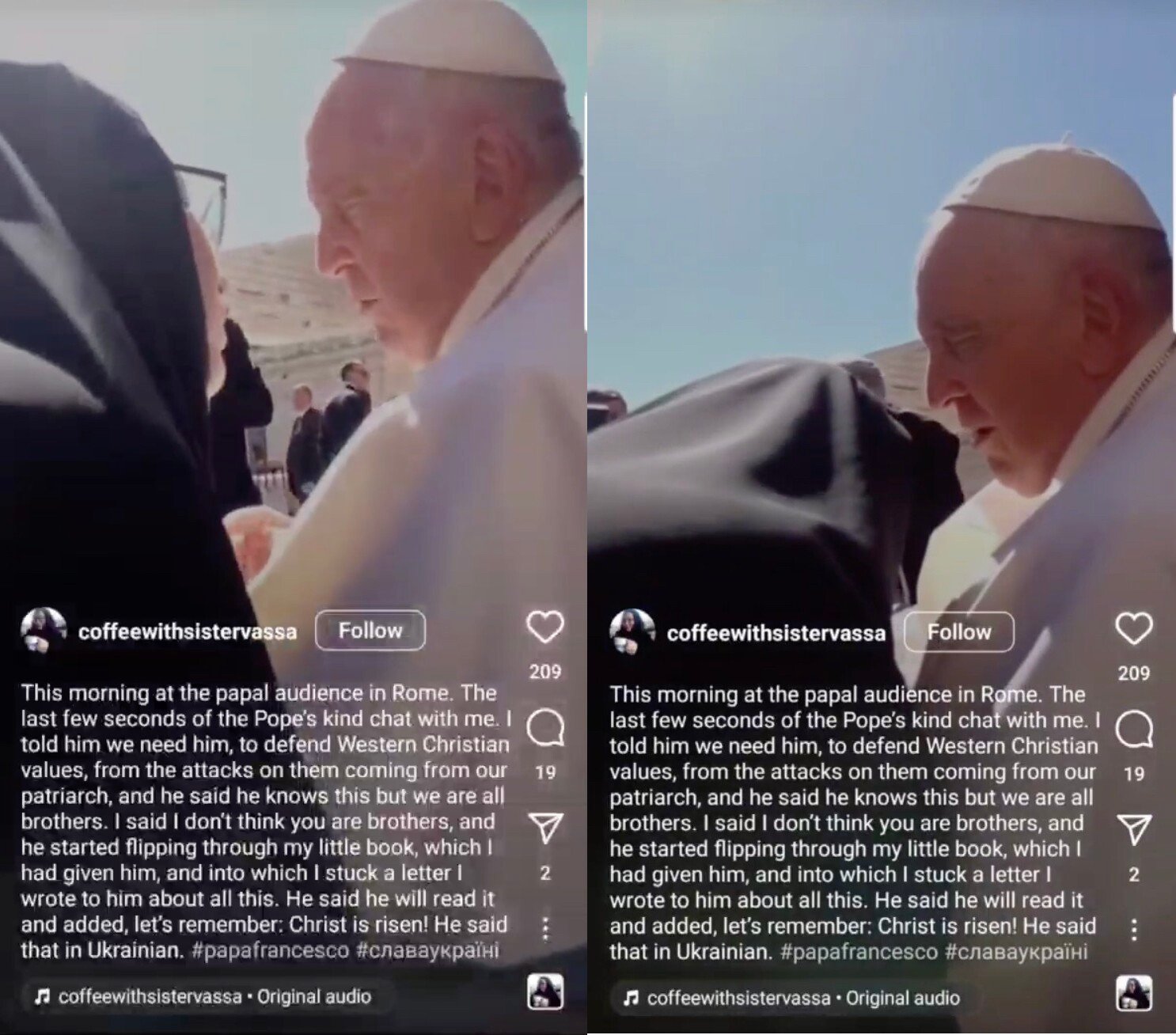 Left: Sister Vassa in black Orthodox monastic habit looking at Pope Francis during the April 2023 papal audience in Rome. Right: Sister Vassa bowing to kiss Pope Francis’s hand. Both captured from her own Instagram Reel (@coffeewithsistervassa).