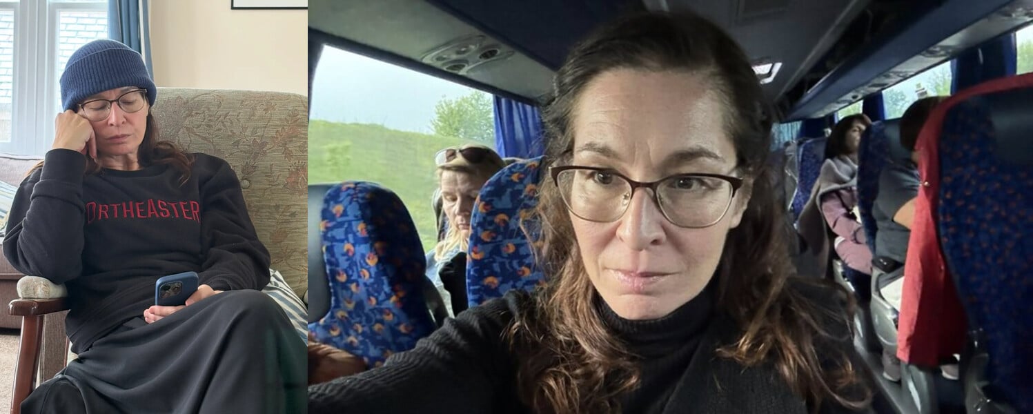 Left: Dr. Vassa Larin in a Northeastern University sweatshirt and beanie at home. Right: Dr. Vassa Larin taking a selfie on a bus in civilian clothes. Both without her monastic habit.