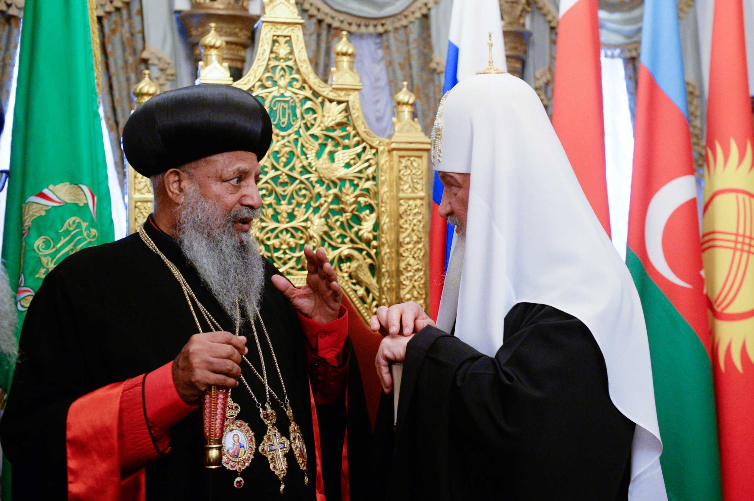 Patriarch Kirill speaking with Ethiopian Patriarch and Catholicos Abune Mathias I at the Cathedral of Christ the Saviour, Moscow, May 17, 2018