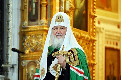 Patriarch Kirill delivering his Forgiveness Sunday sermon at Christ the Saviour Cathedral on March 6, 2022, wearing green festive vestments, eleven days after the Russian invasion of Ukraine began